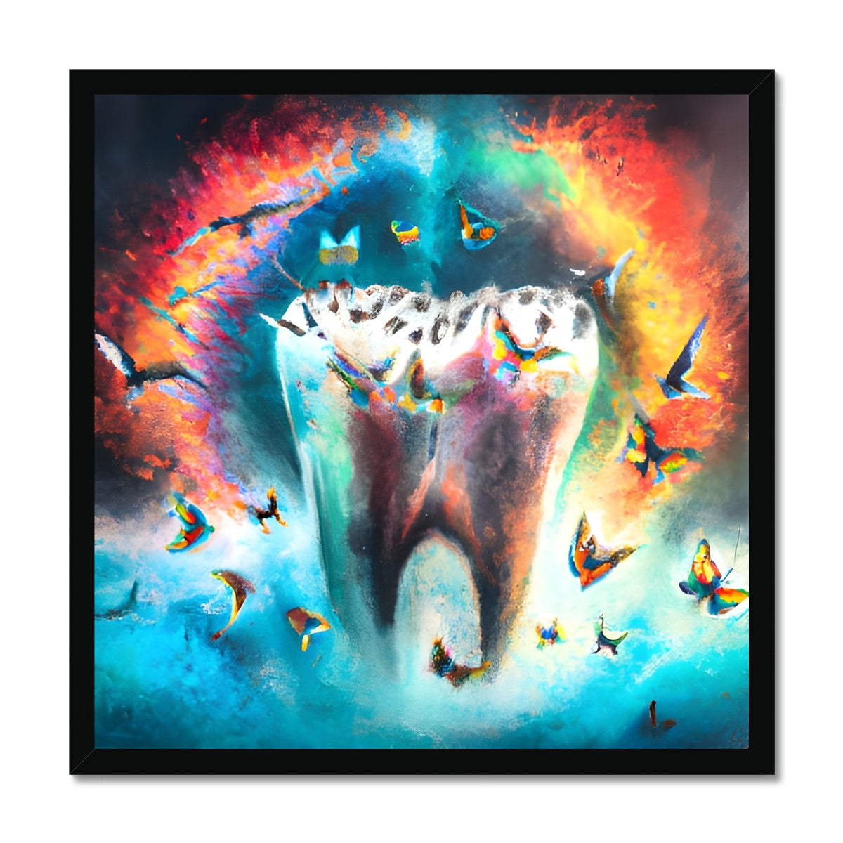 Butterflies excaping from Colour Explosion around a Tooth Framed Print Prodigi