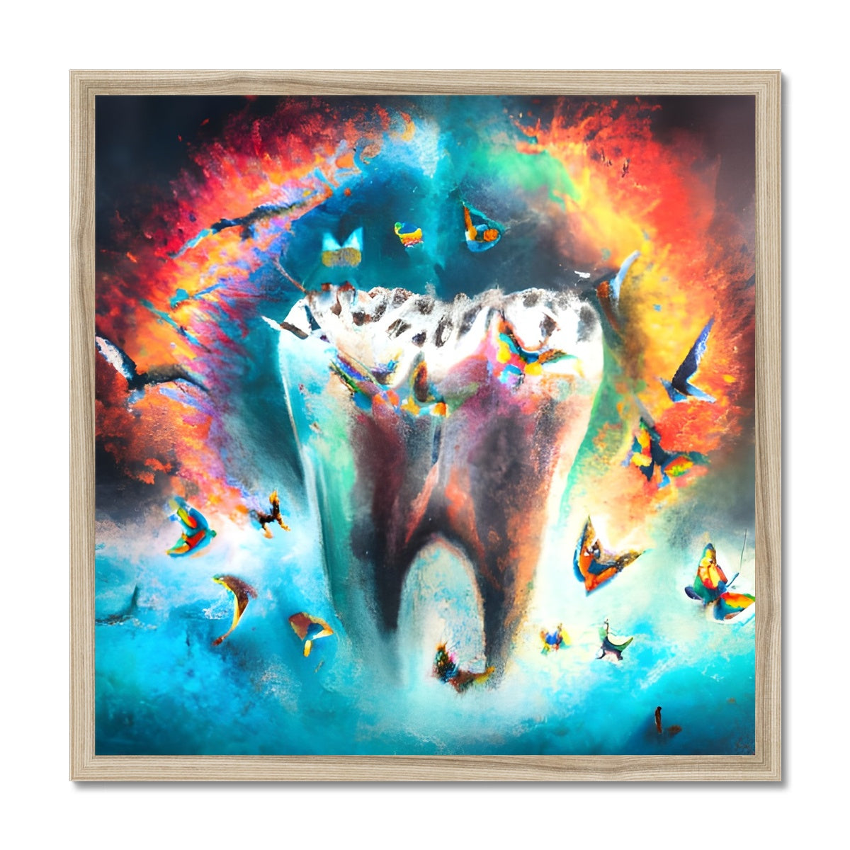 Butterflies excaping from Colour Explosion around a Tooth Framed Print Prodigi