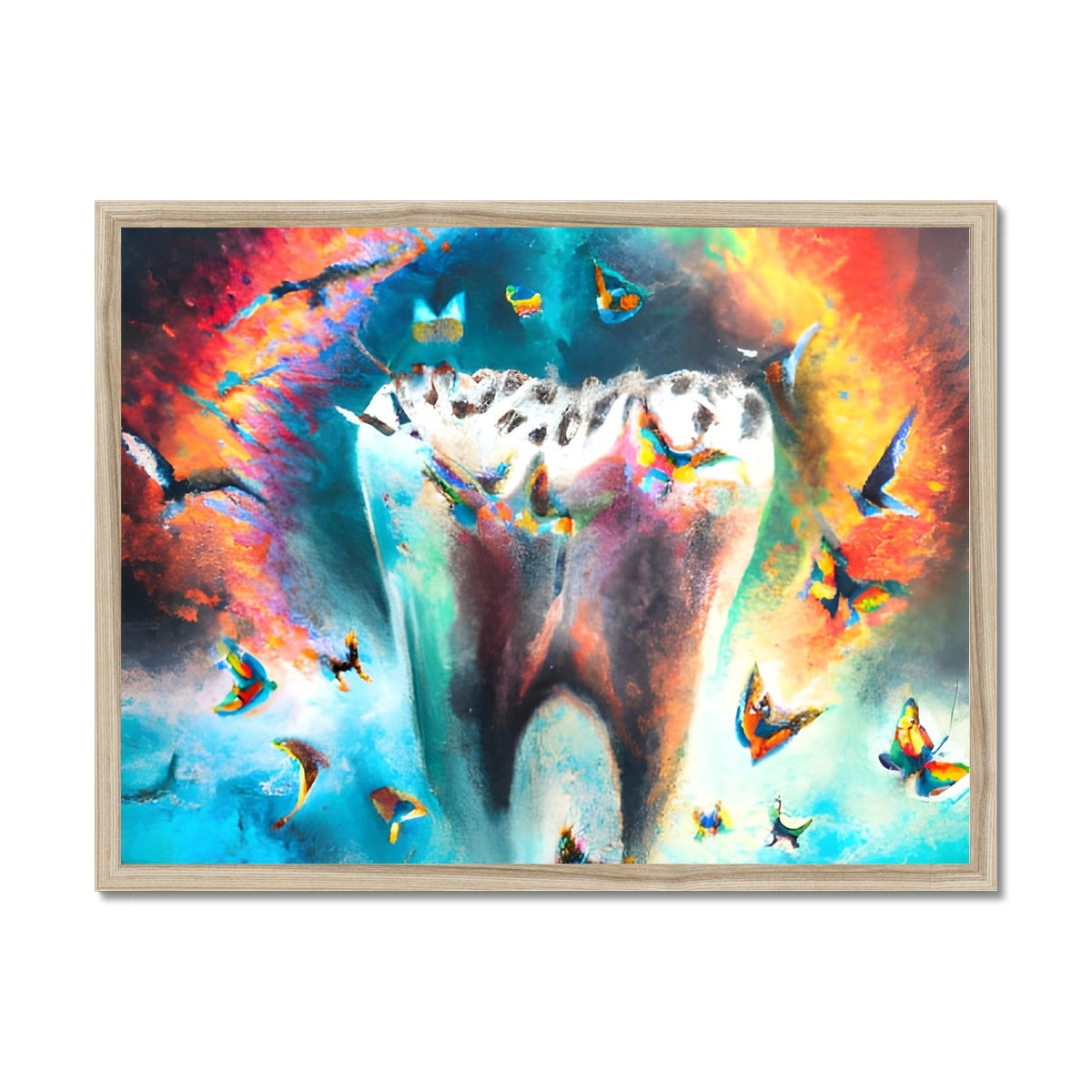 Butterflies excaping from Colour Explosion around a Tooth Framed Print Prodigi