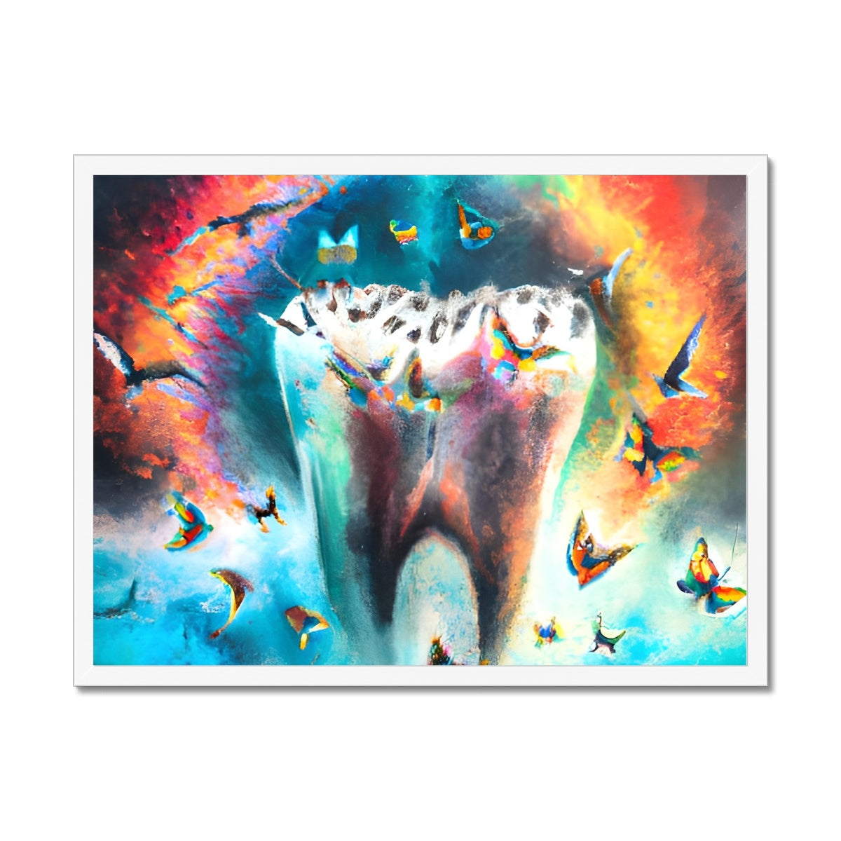 Butterflies excaping from Colour Explosion around a Tooth Framed Print Prodigi