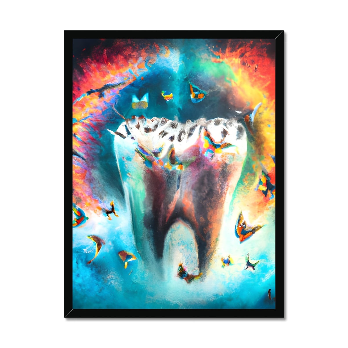 Butterflies excaping from Colour Explosion around a Tooth Framed Print Prodigi