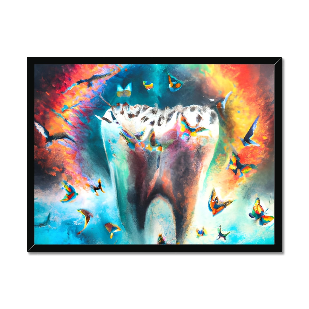 Butterflies excaping from Colour Explosion around a Tooth Framed Print Prodigi