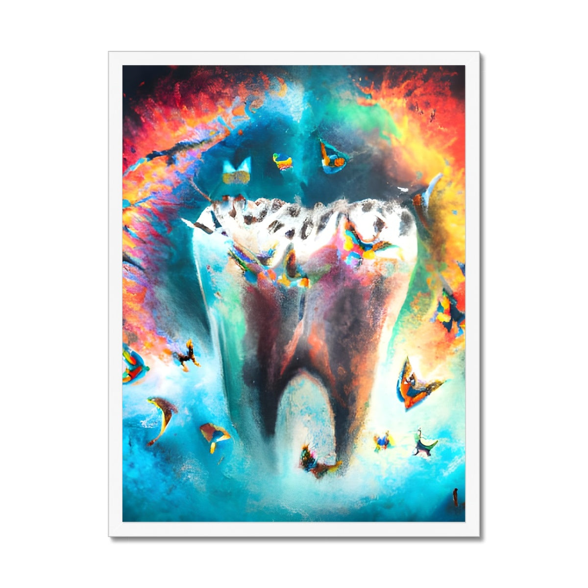 Butterflies excaping from Colour Explosion around a Tooth Framed Print Prodigi