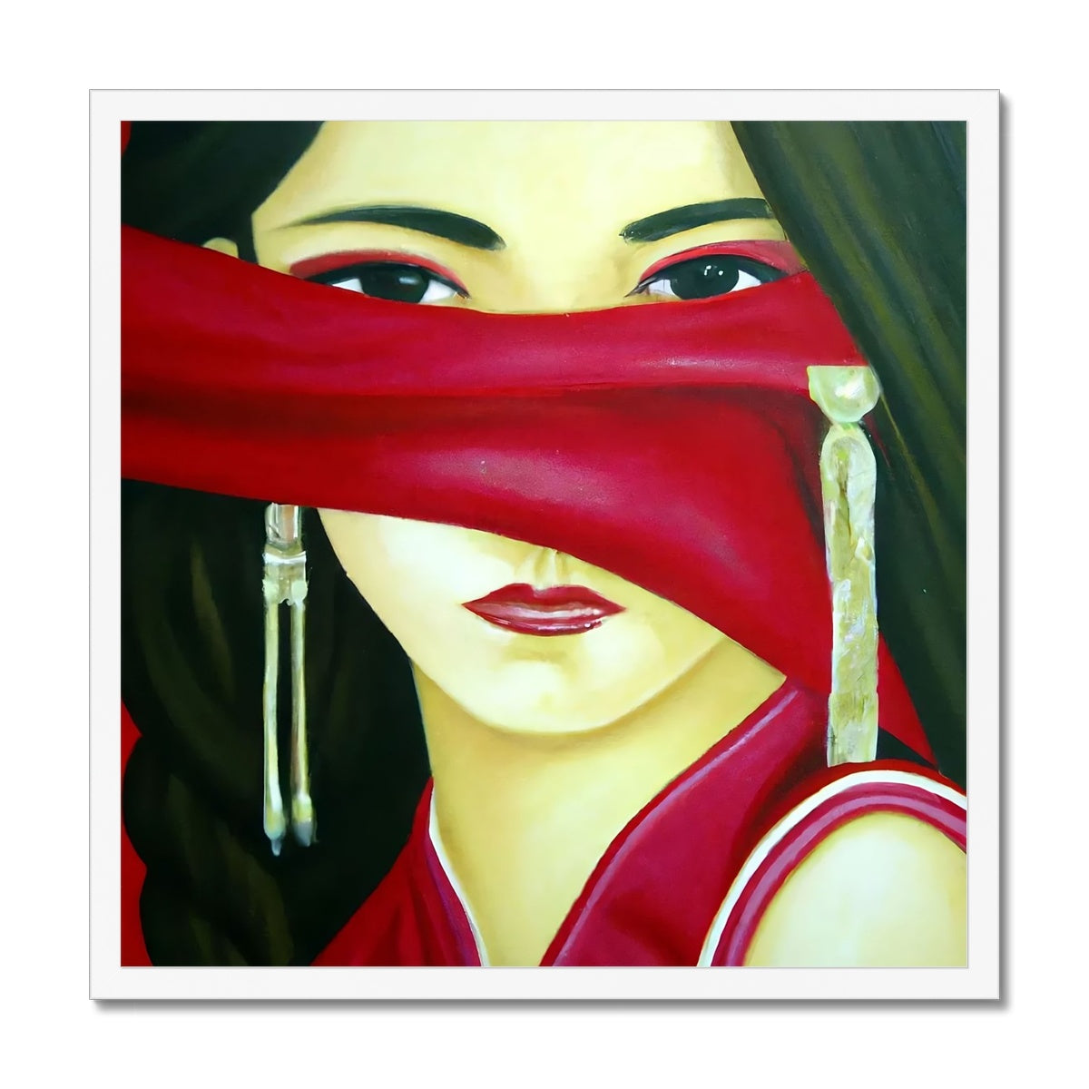 Women behind a Red Cloth Framed Print Prodigi