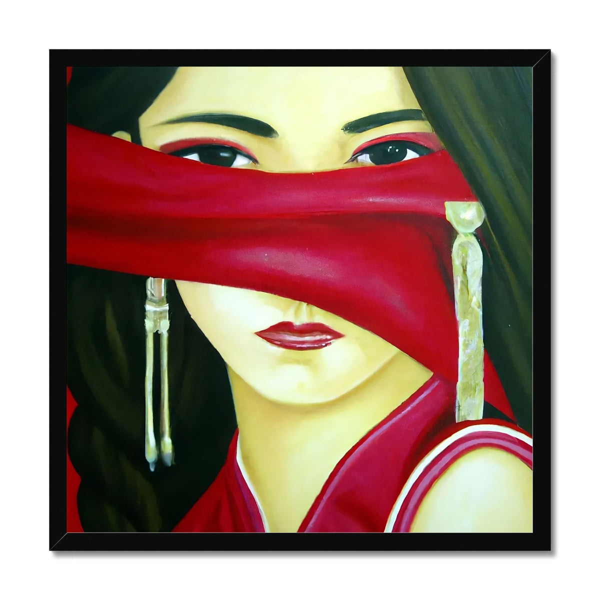 Women behind a Red Cloth Framed Print Prodigi